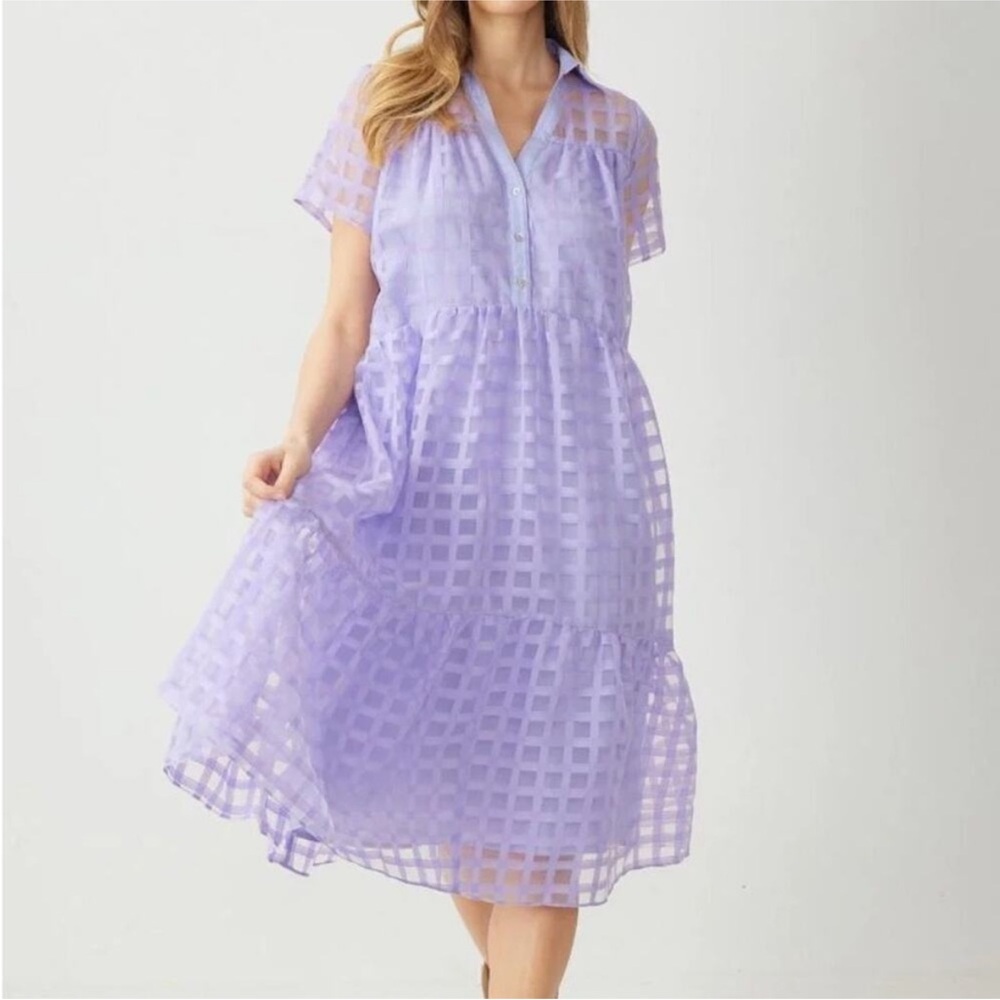 Entro Feels Like Forever Sheer Lined Grid Lavender Midi Dress Women’s Small New